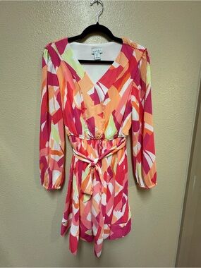 Nicole Miller Pink Orange Multi-Color Pleated V-Neck Dress